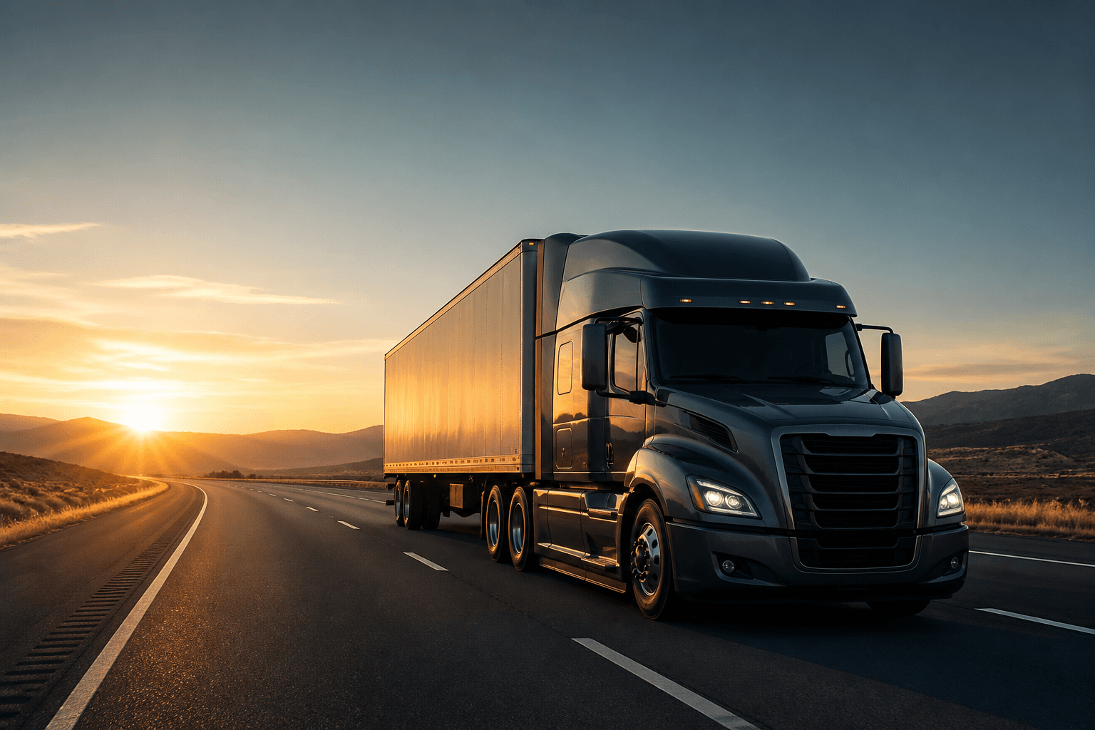 Semi truck driving on an open highway at sunrise